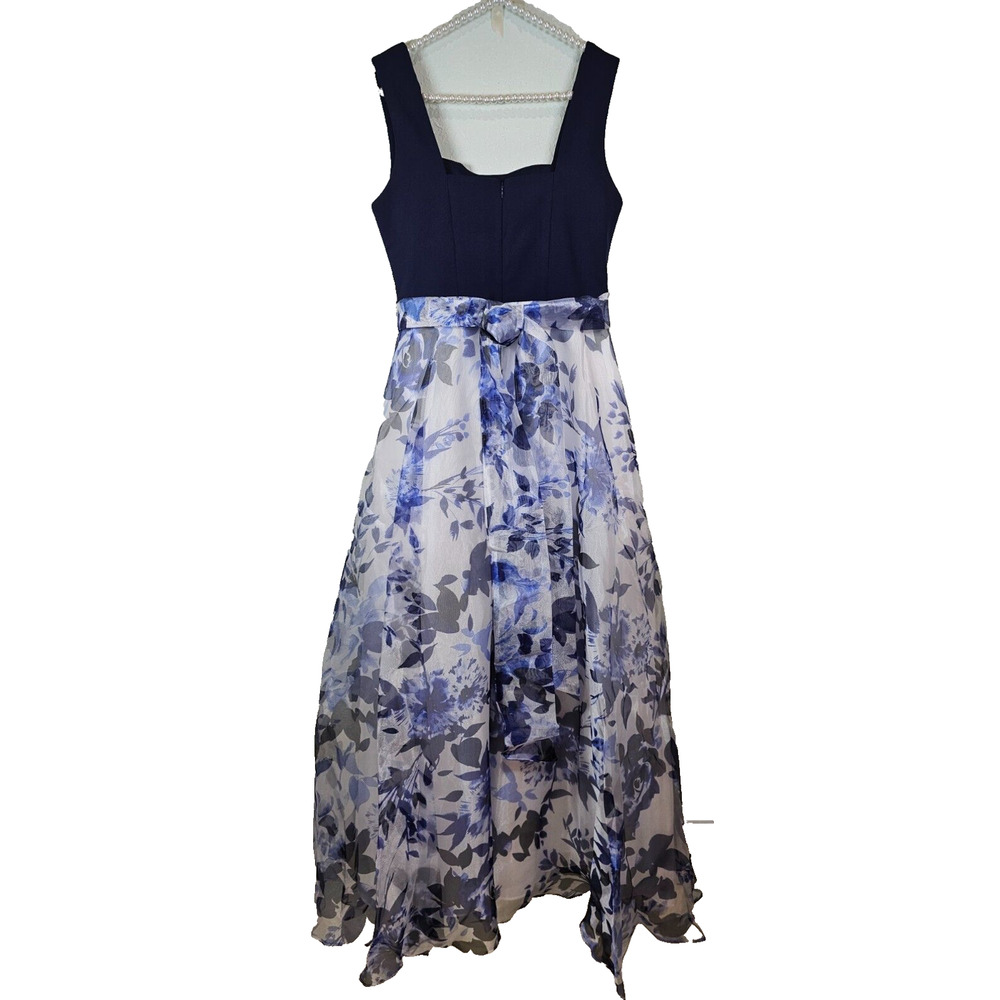 Eliza J Navy Blue Floral Chiffon Square Neck Maxi Dress Gown 8P Petite NEW